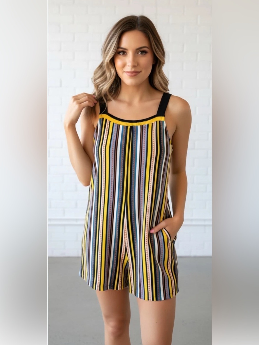 Zara Striped Sleeveless Romper in Yellow, Black, Blue